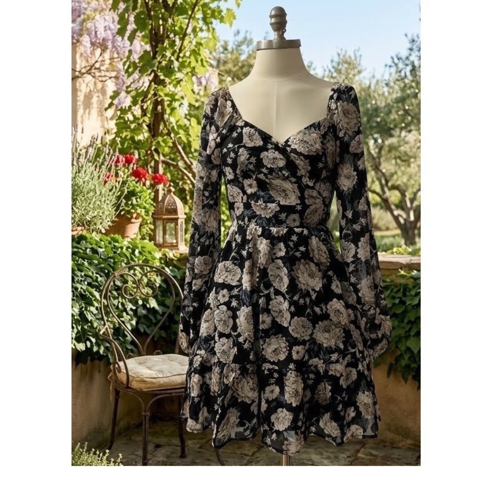 Altar'd State Floral Mini Dress Black Cream Long Sleeve Open Back Tie XS